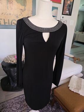Calvin Klein Black Long-Sleeve Dress with Embellished Collar
